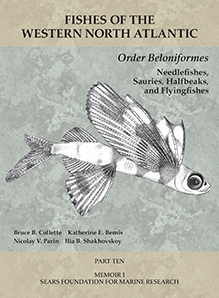 Book cover with black-and-white drawing of a flying fish on a light green background with beige across the top and bottom