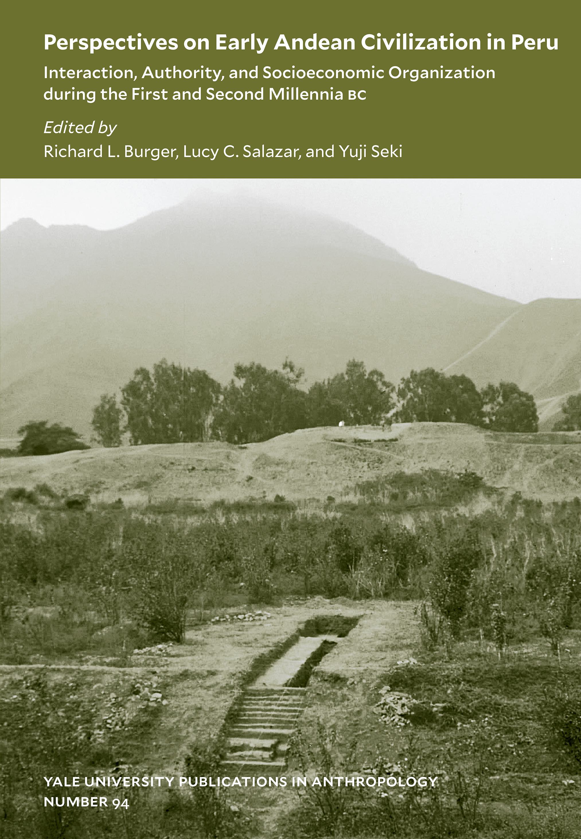 A green-toned book cover with title at top above a photograph of a staircase excavated in a hillside below a row of trees, with misty mountains in the background