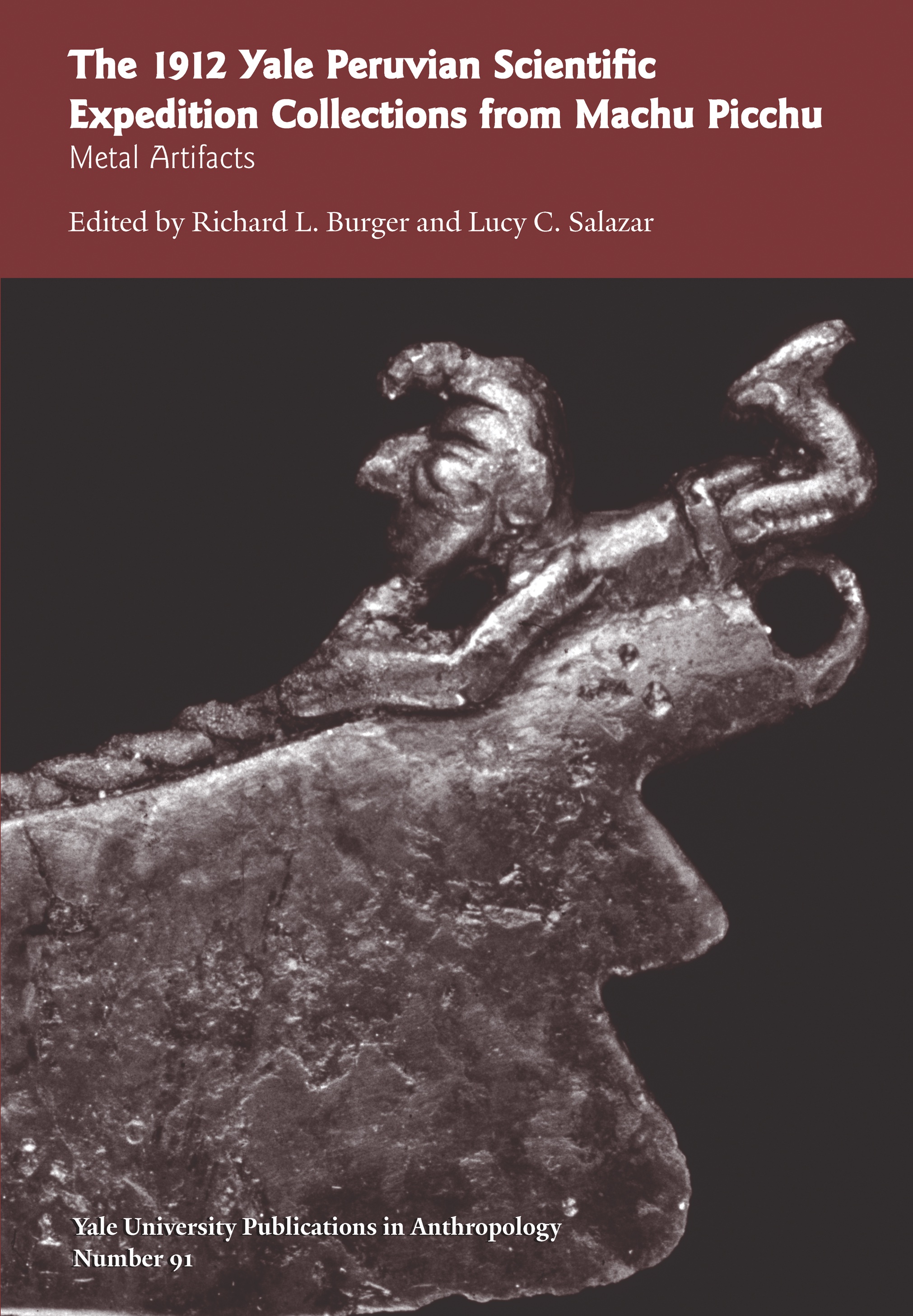 A maroon-toned book cover with title at the top above a photograph of the handle of a metal knife with a reclining human figure